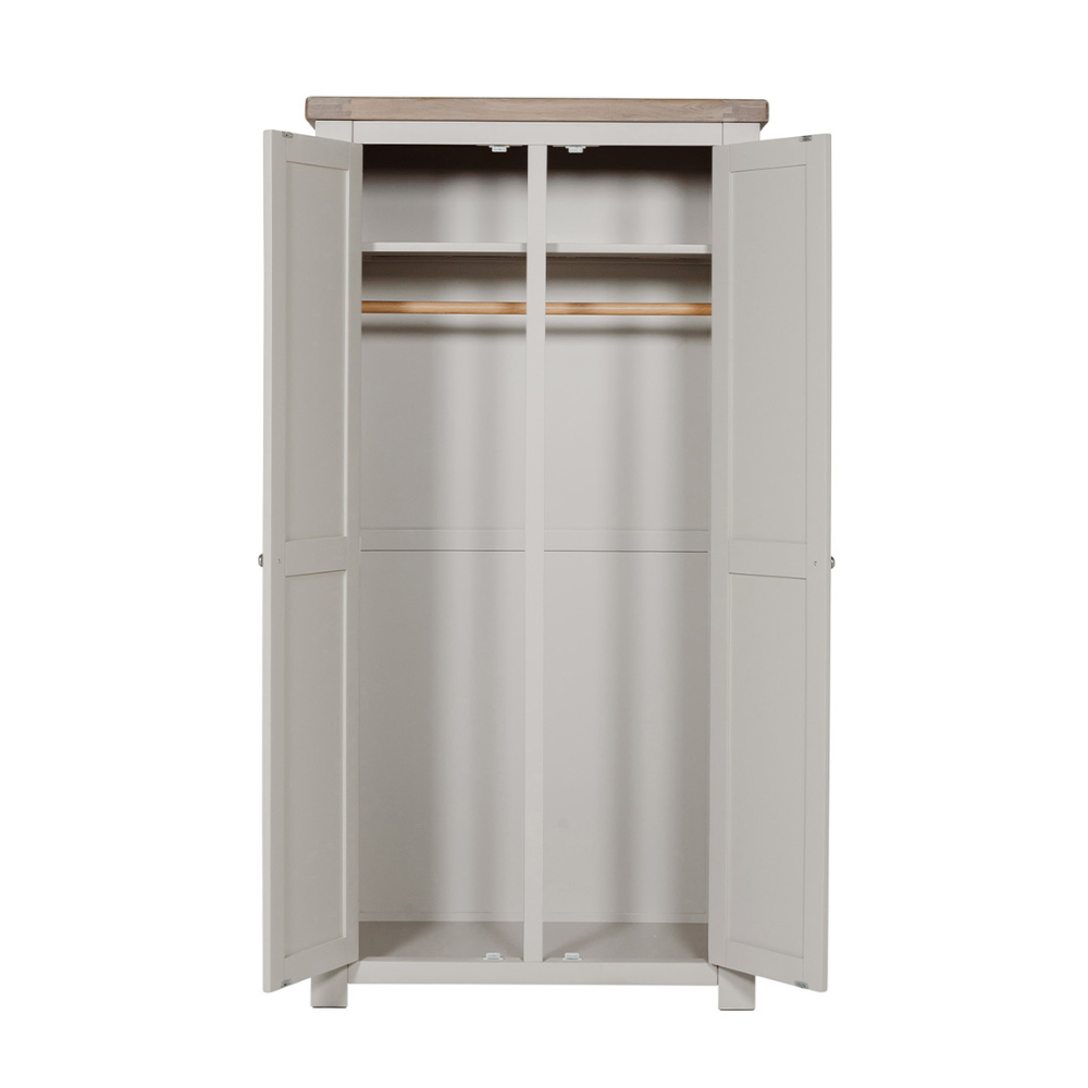 The Doune 2-Door Wardrobe in Taupe features oak veneer top, spacious hanging rail, and sleek metal handles.