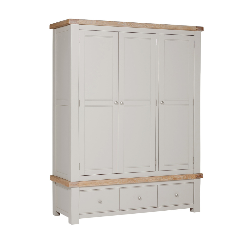 The Doune 3-Door Wardrobe in Taupe offers stylish storage with oak veneer top, hanging rail, shelving and 3 drawers.