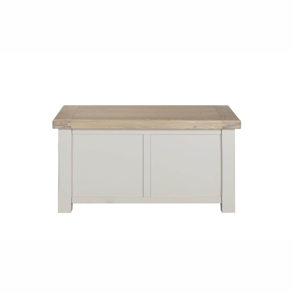 The Doune Blanket Box in Taupe features storage elegant solution with a slow-close lid, oak veneer top and ample space
