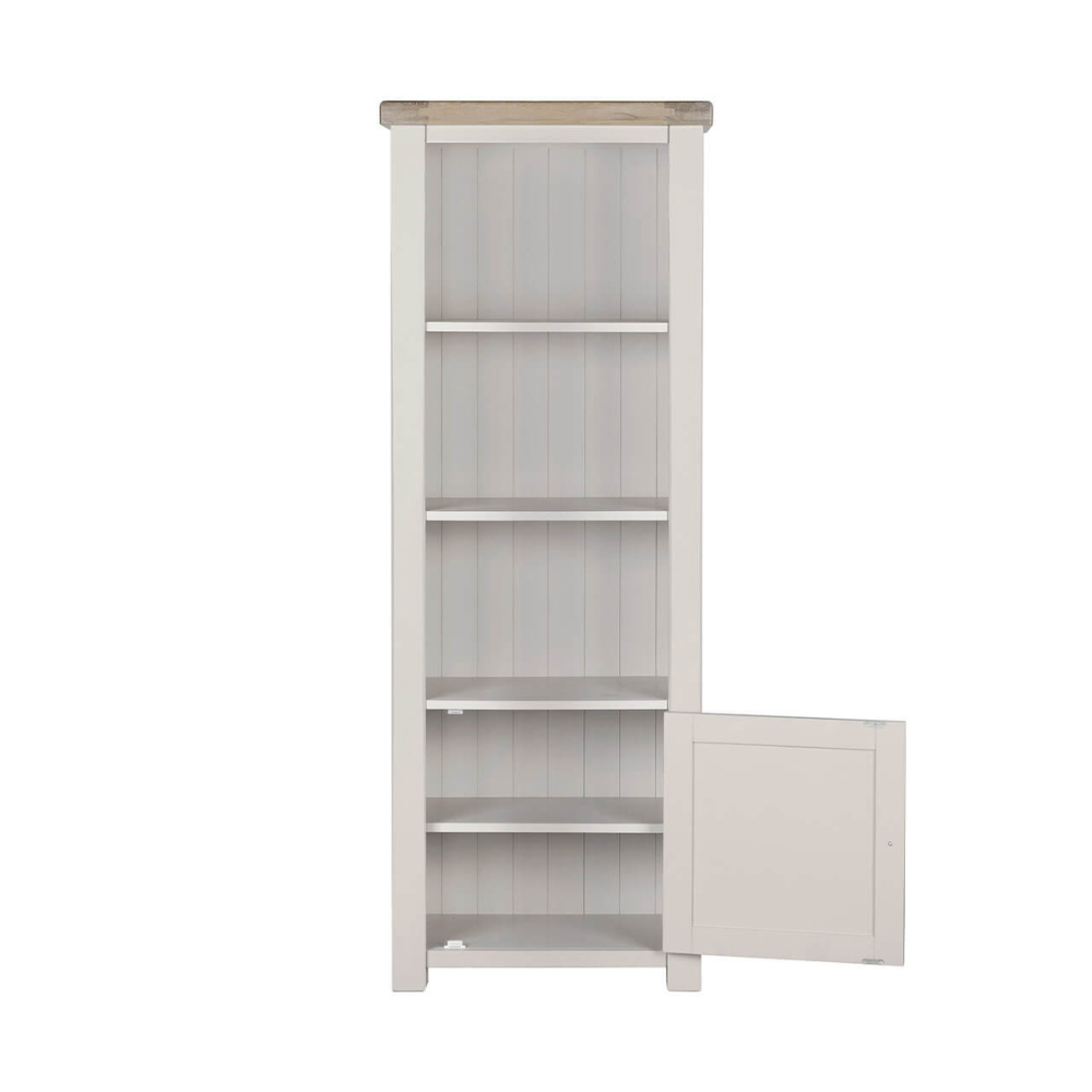 The Doune Tall Bookcase in Taupe features sleek design, oak veneer top and a hidden cabinet storage.
