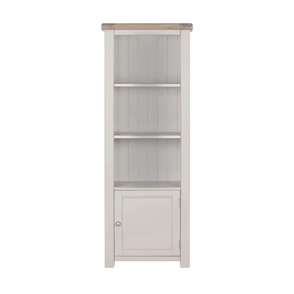 The Doune Tall Bookcase in Taupe features sleek design, oak veneer top and a hidden cabinet storage.