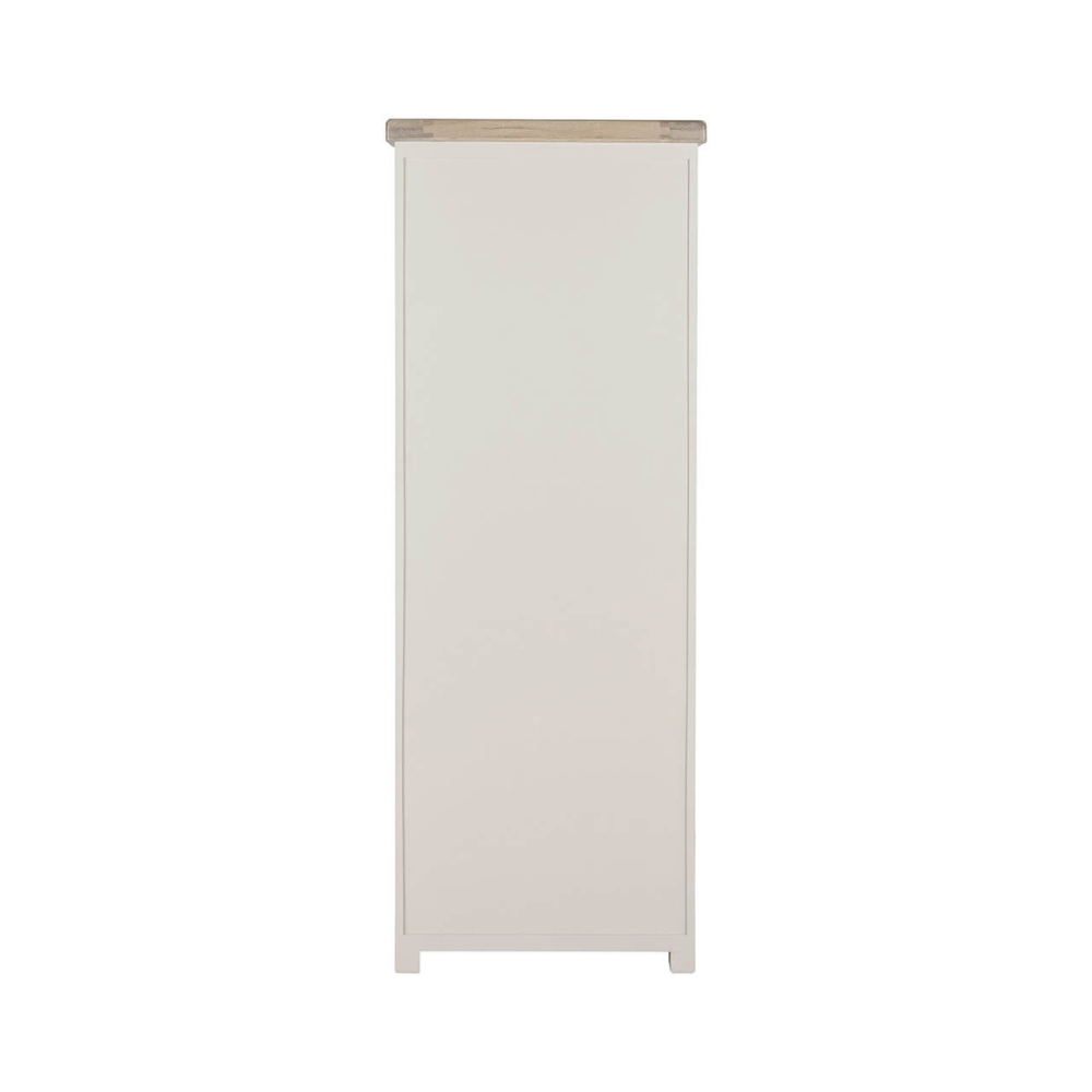 The Doune Tall Bookcase in Taupe features sleek design, oak veneer top and a hidden cabinet storage.
