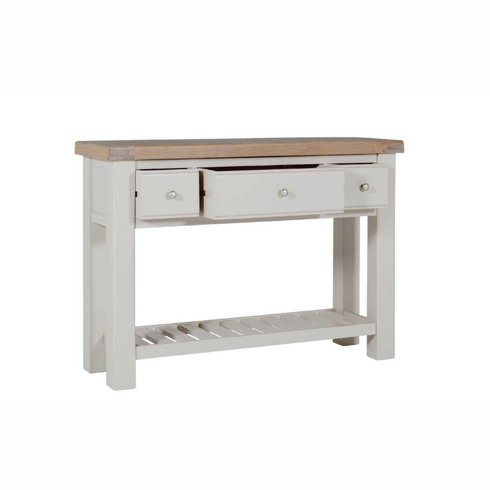 The Doune Console Table in Taupe features a sleek taupe finish, design with three drawers and a lower slatted shelf.