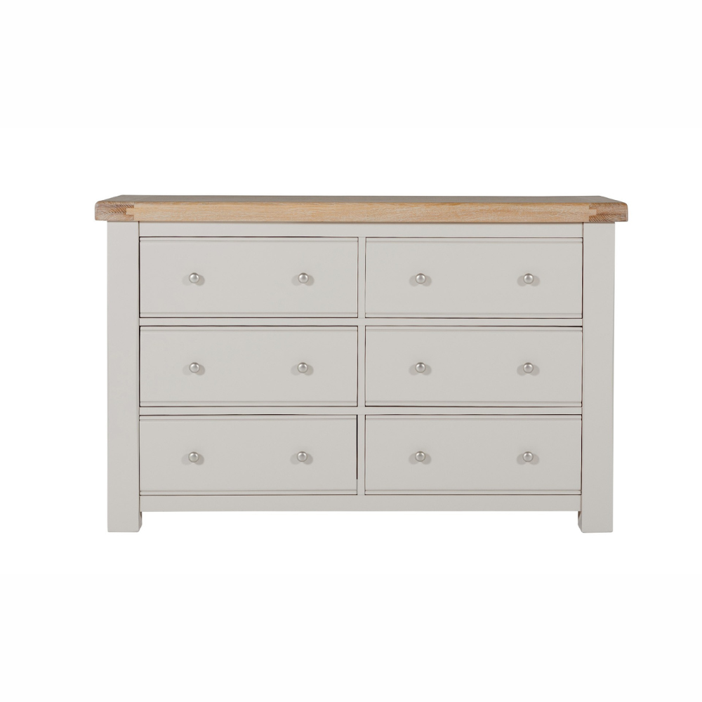 The Doune 6-Drawer Dressing Chest in Taupe features 6 spacious drawers, oak veneer top and sleek metal handles.