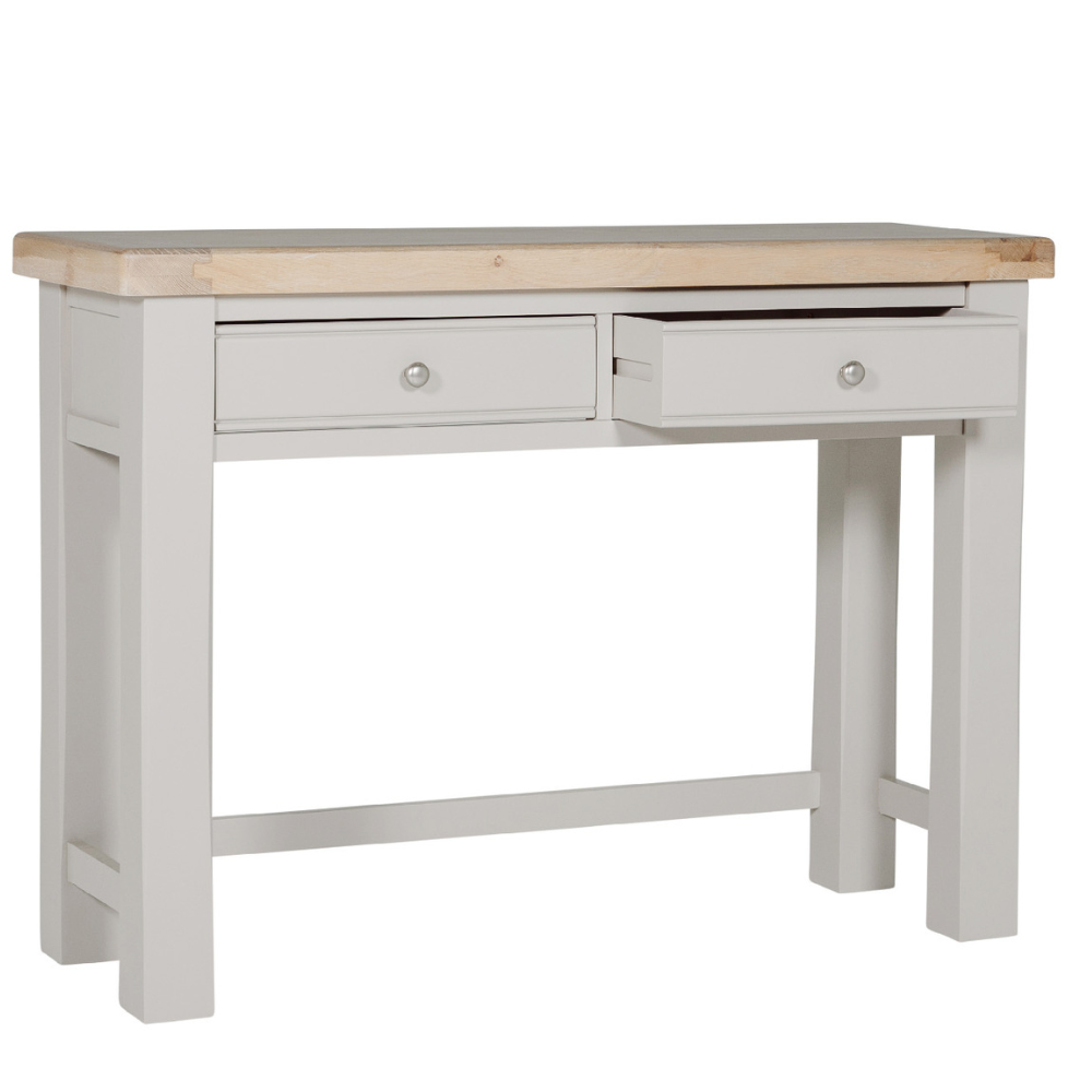 The Doune Dressing Table in Taupe features oak veneer top, 2 drawers and sleek metal handles, practical for any dressing space.