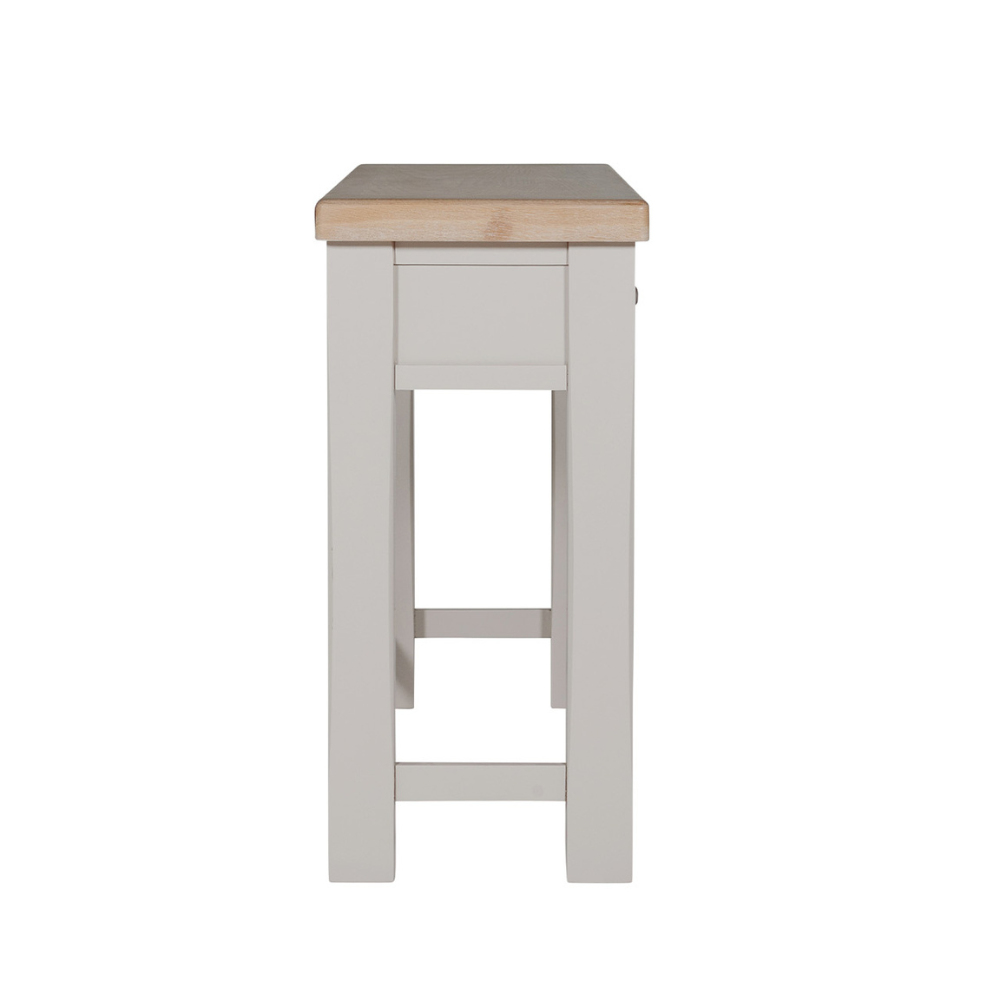 The Doune Dressing Table in Taupe features oak veneer top, 2 drawers and sleek metal handles, practical for any dressing space.