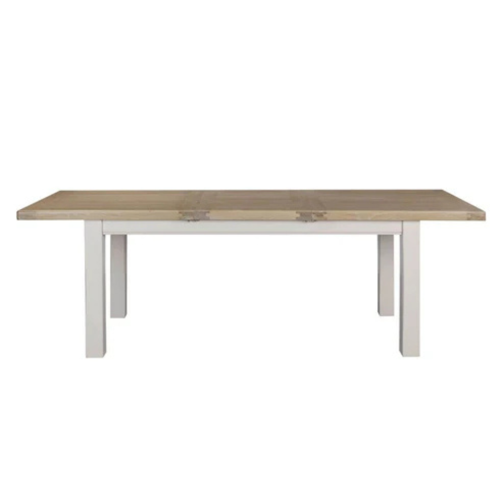 The Doune Extending Dining Table in Taupe with oak top offers a versatile design, extending from 1400mm to 1800mm.