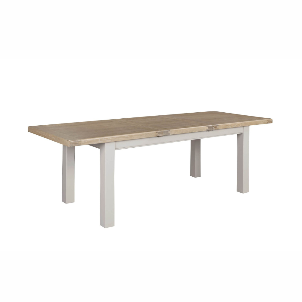 The Doune 1200/1650 Extending Dining Table in Taupe features oak veneer top, taupe-painted legs and smooth extension