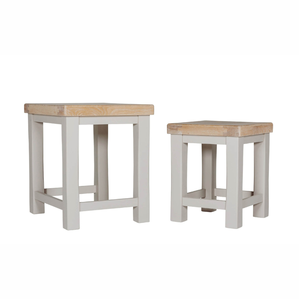 The Doune Nest of Tables in Taupe features oak top offers, versatility and painted finish, perfect for adaptable functionality.