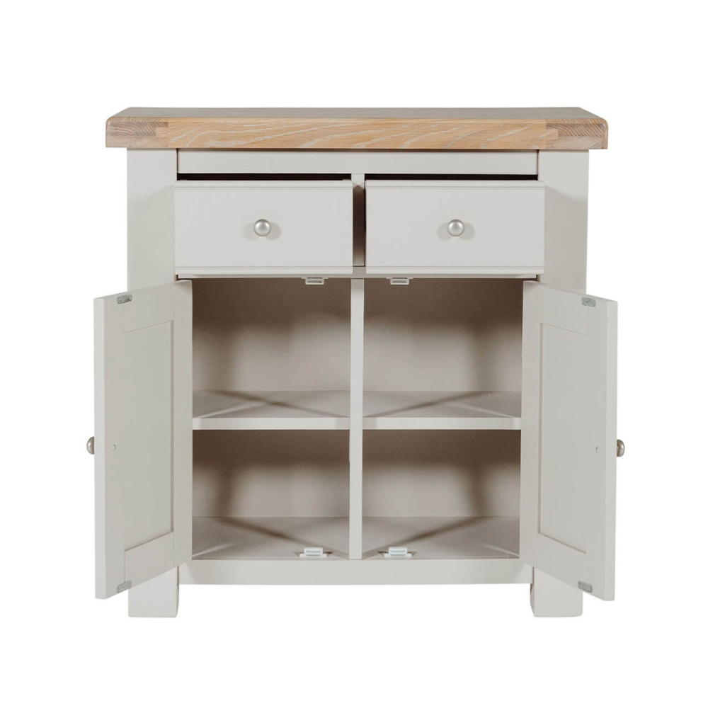 The Doune Small Sideboard in Taupe features oak veneer top, two drawers and internal shelving, practical for organized storage