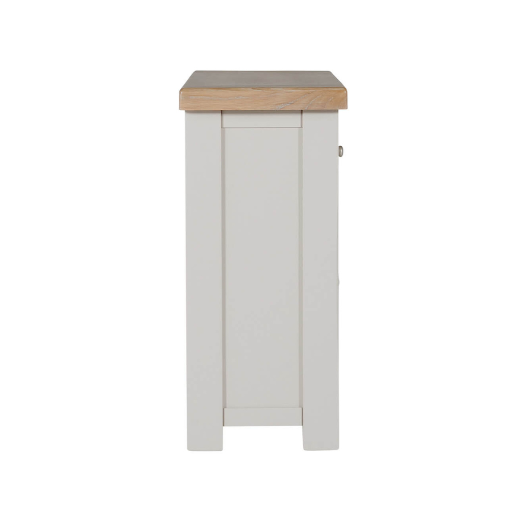 The Doune Small Sideboard in Taupe features oak veneer top, two drawers and internal shelving, practical for organized storage