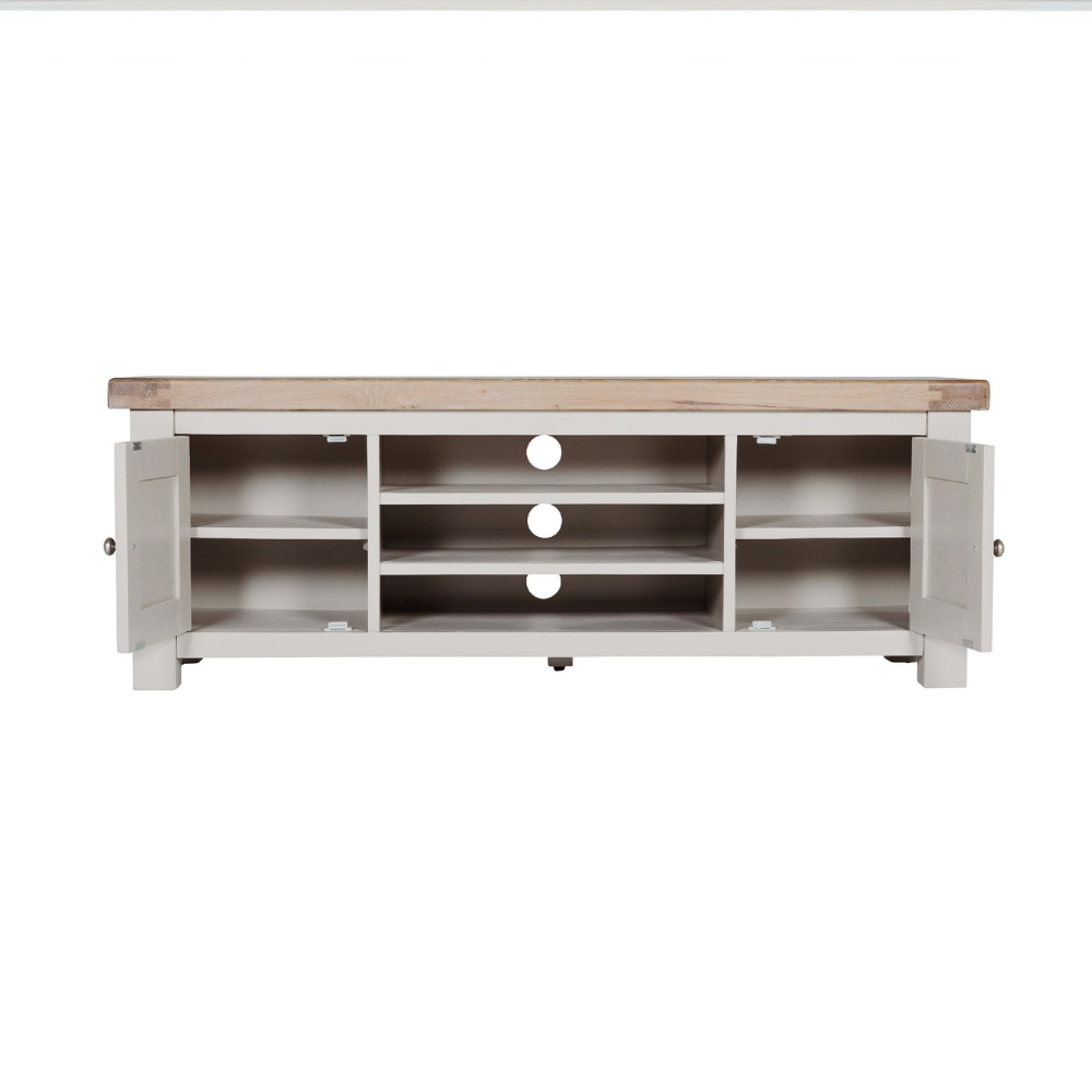 The Doune 1400 TV Unit in Taupe features oak top, dual cabinets with shelves and open space with cable cut-out.