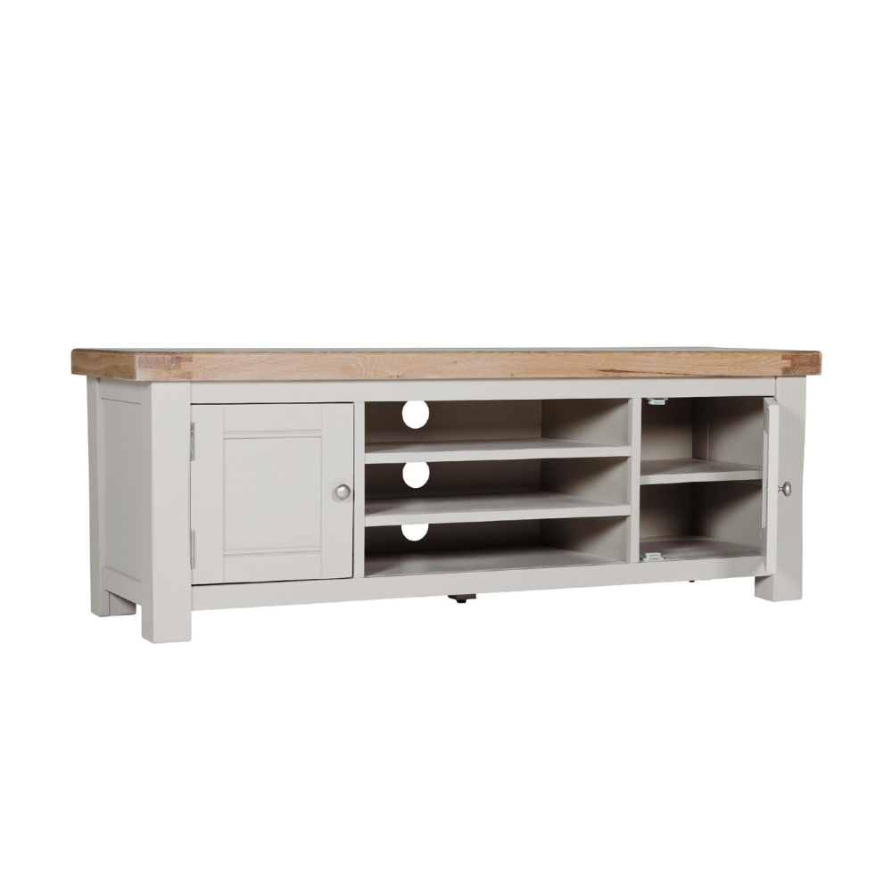 The Doune 1400 TV Unit in Taupe features oak top, dual cabinets with shelves and open space with cable cut-out.
