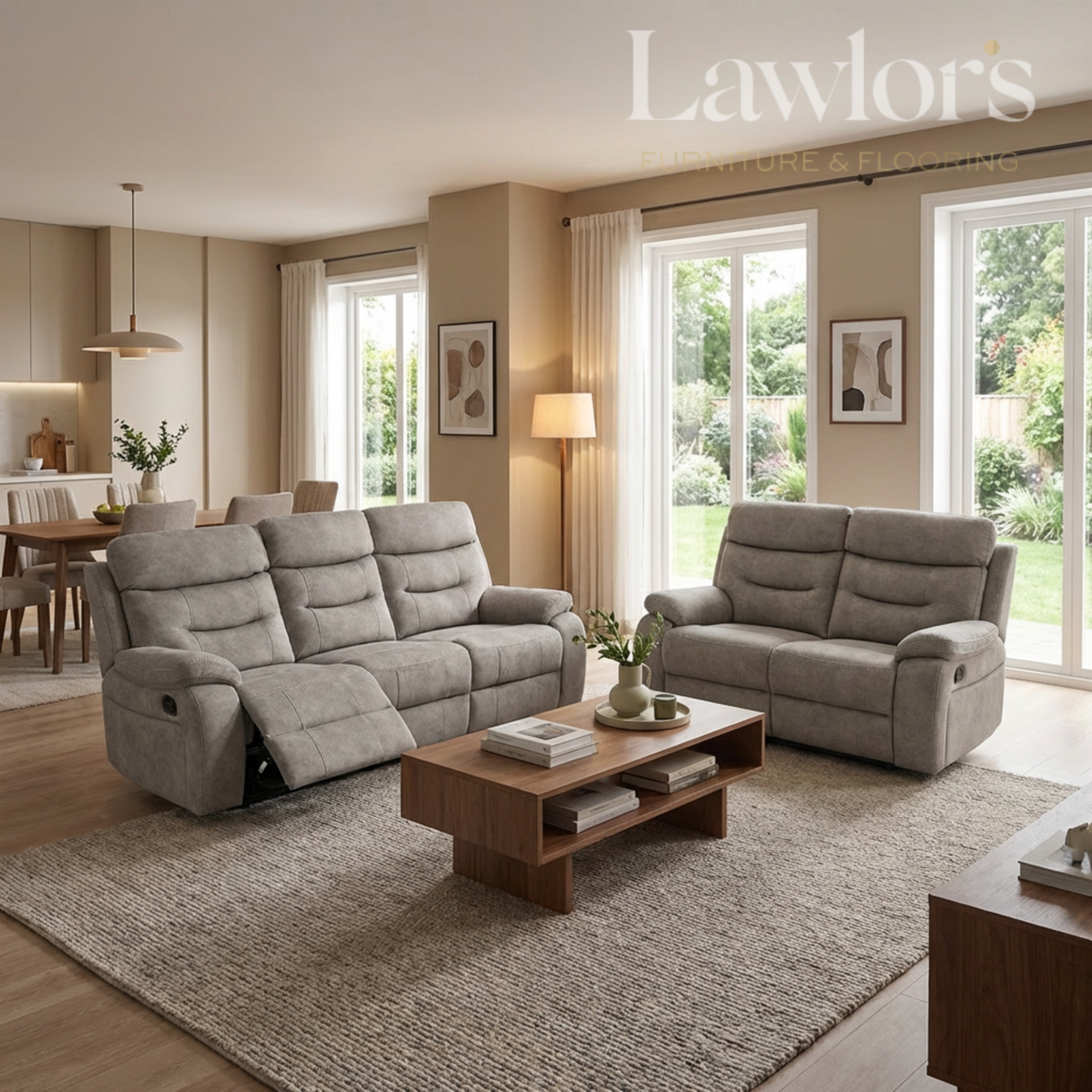 Living room with cream 3+2 reclining sofa set, wooden coffee table