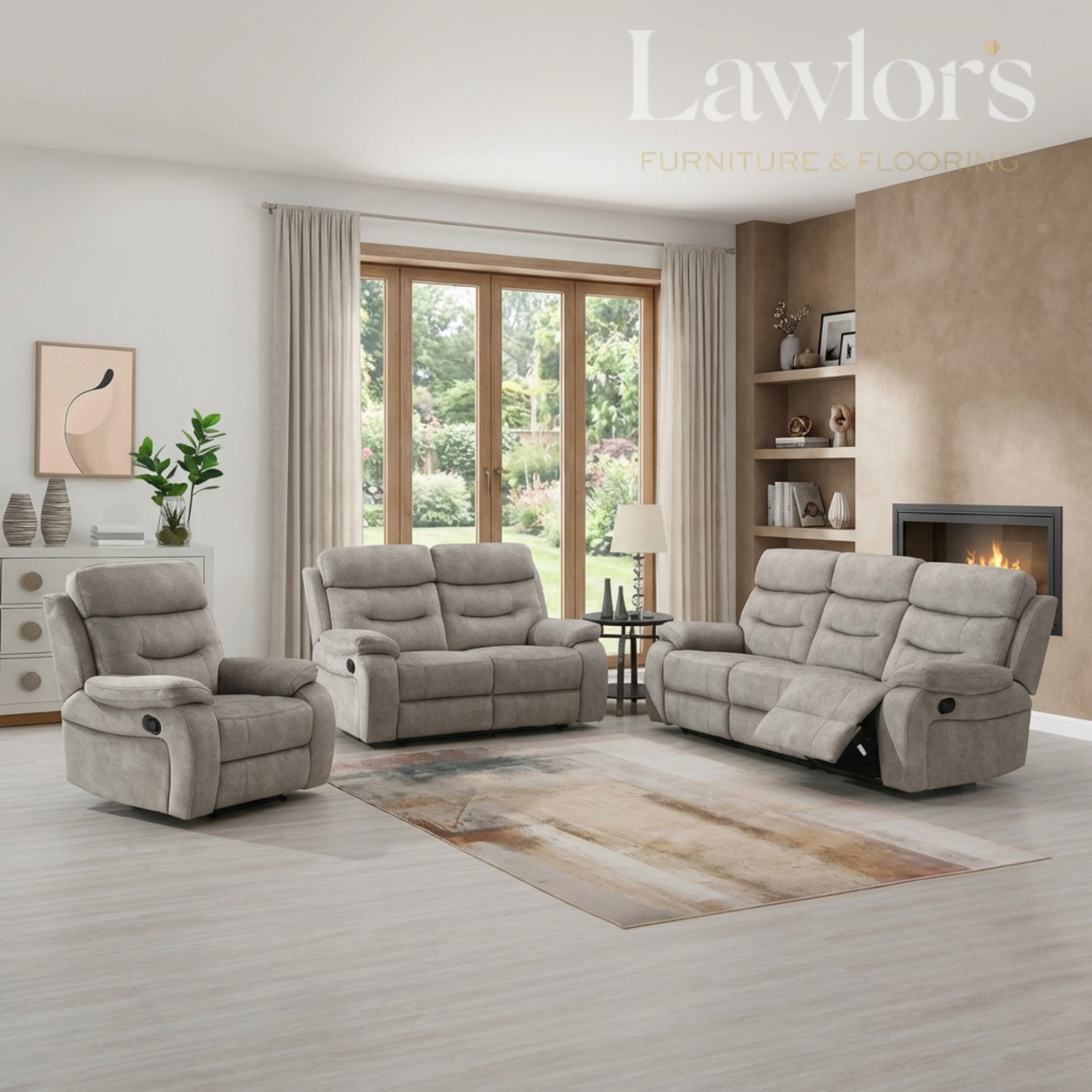 Living room with cream 3+2+1 recliner furniture set and fireplace