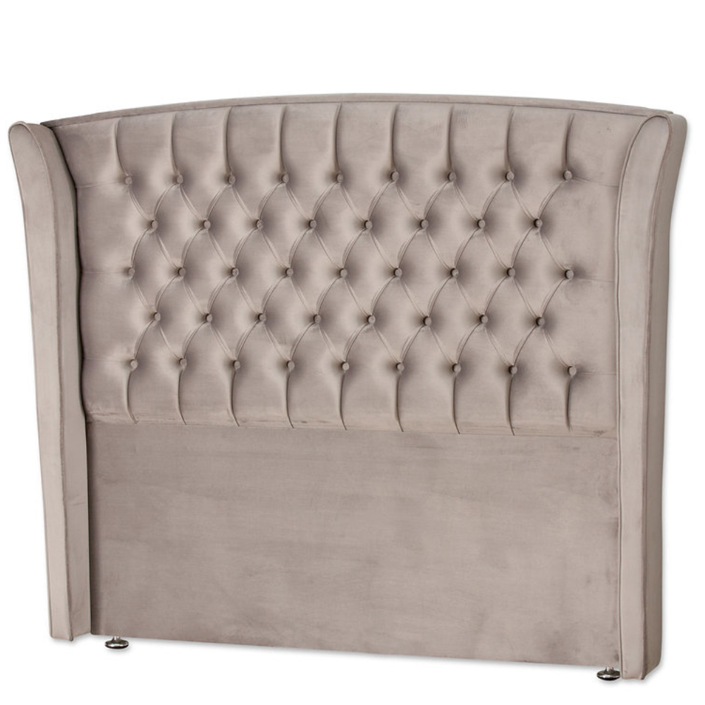 The Eclipse Fabric Headboard - 56" features arched winged with deep buttons, custom fabric and floor standing with chrome gliders, ideal for any bed!