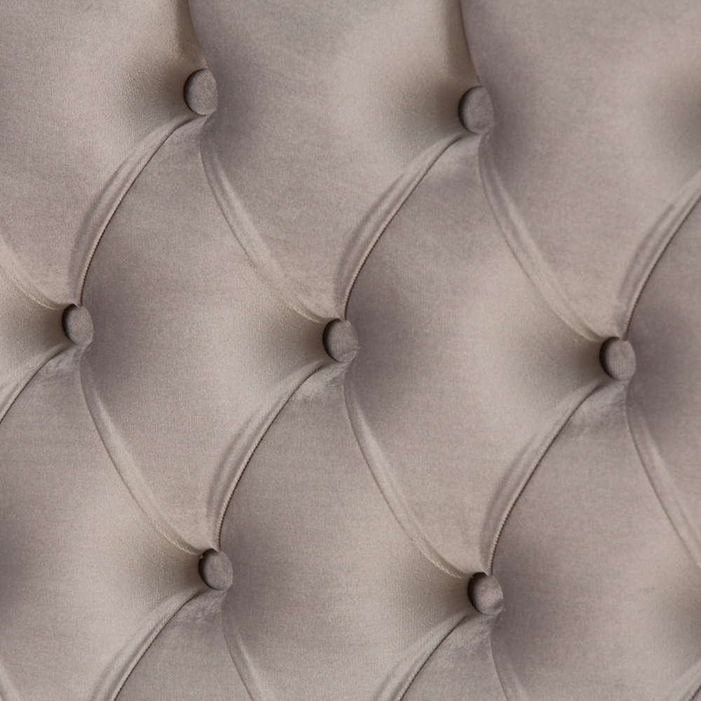 The Eclipse Fabric Headboard - 56" features arched winged with deep buttons, custom fabric and floor standing with chrome gliders, ideal for any bed!