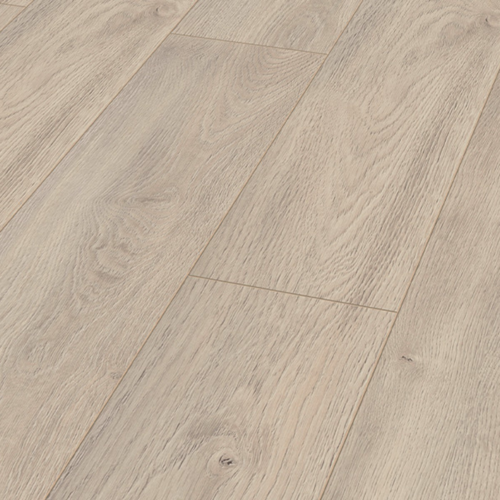 The Elba Oak Titan Laminate Flooring - 12mm features water-resistant Aqua Pearl system, AC5 durability and embossed finish.