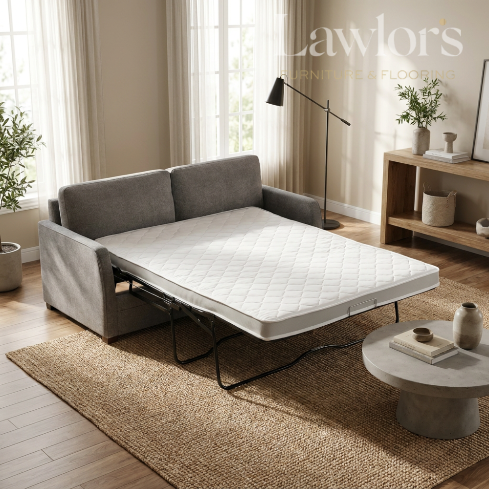 Grey sofa bed in a living room setting