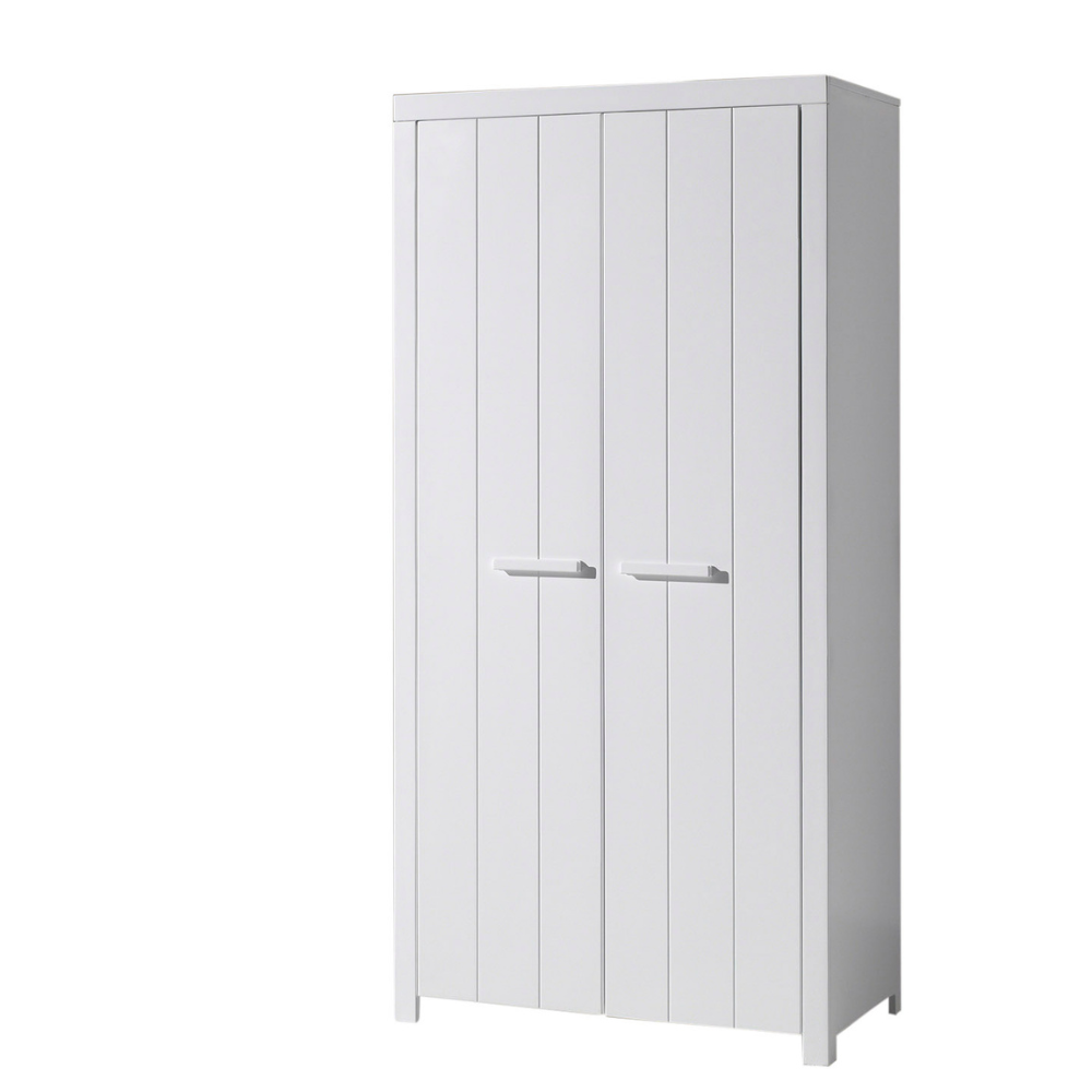 The Erik 2 Door Wardrobe in White features shelves, hanging rail, soft close doors and Belgian style in solid pine and MDF, an ideal addition for kids rooms