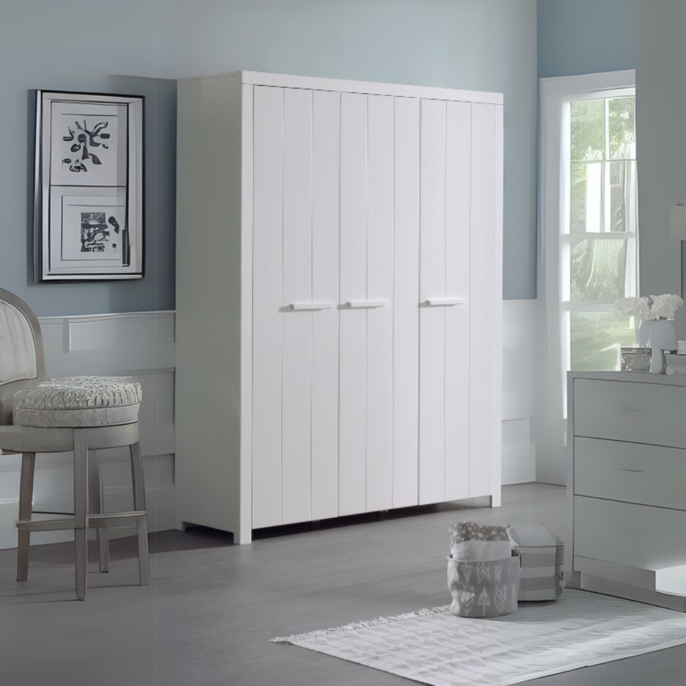The Erik 3 Door Wardrobe in White features shelves, hanging rail, soft close doors and Belgian style in solid pine and MDF, perfect addition for kids rooms