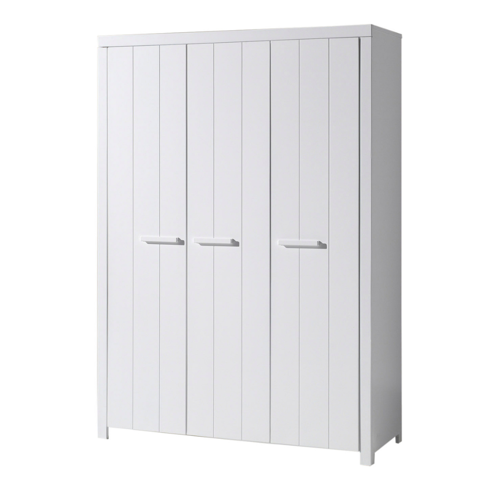 The Erik 3 Door Wardrobe in White features shelves, hanging rail, soft close doors and Belgian style in solid pine and MDF, perfect addition for kids rooms