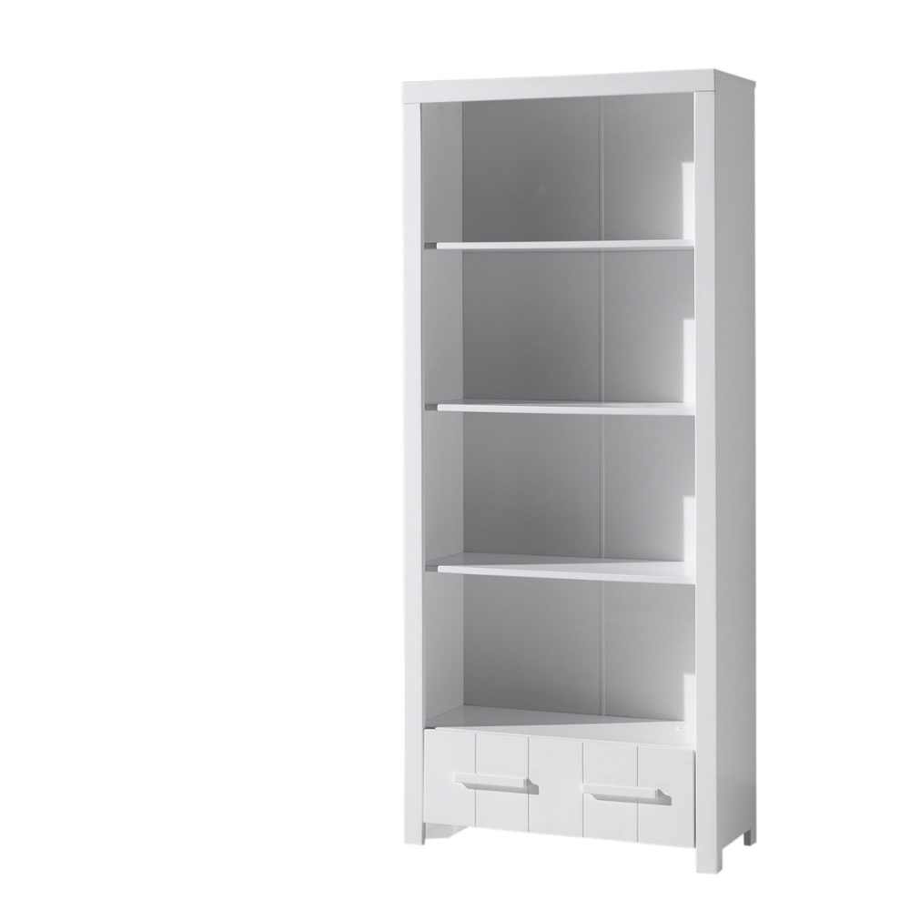 Add brightness & functionality to your child's room with the Erik Kids Bookcase in White featuring 4 shelves, 1 drawer, durable pine/MDF & vertical grooves
