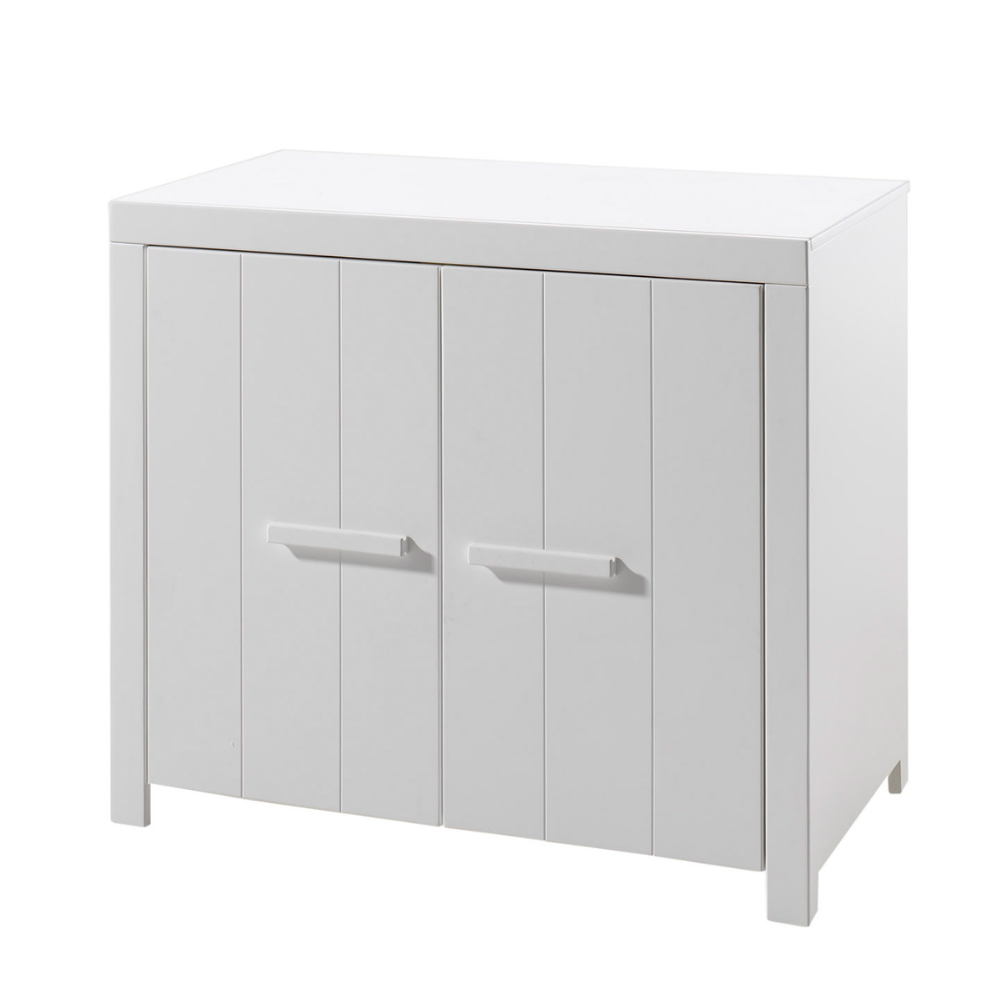 The Erik Kids Chest of 2 Drawers in White features vertical grooves, durable pine/MDF and ample storage space for any baby necessities
