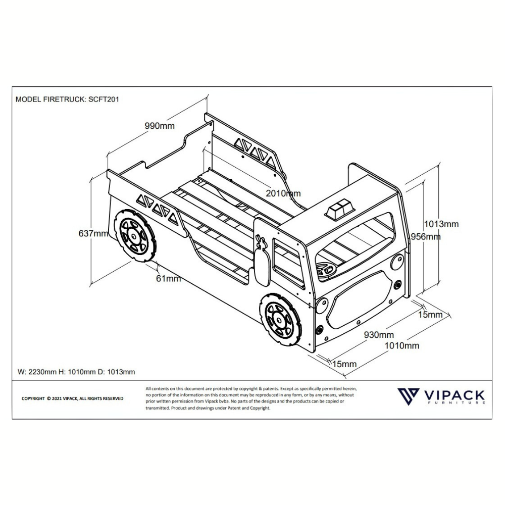 VIPACK Fire Truck Bed in Red features an LED lamp and a slatted base for a fun and functional car bed, perfect for young heroes and their sleep