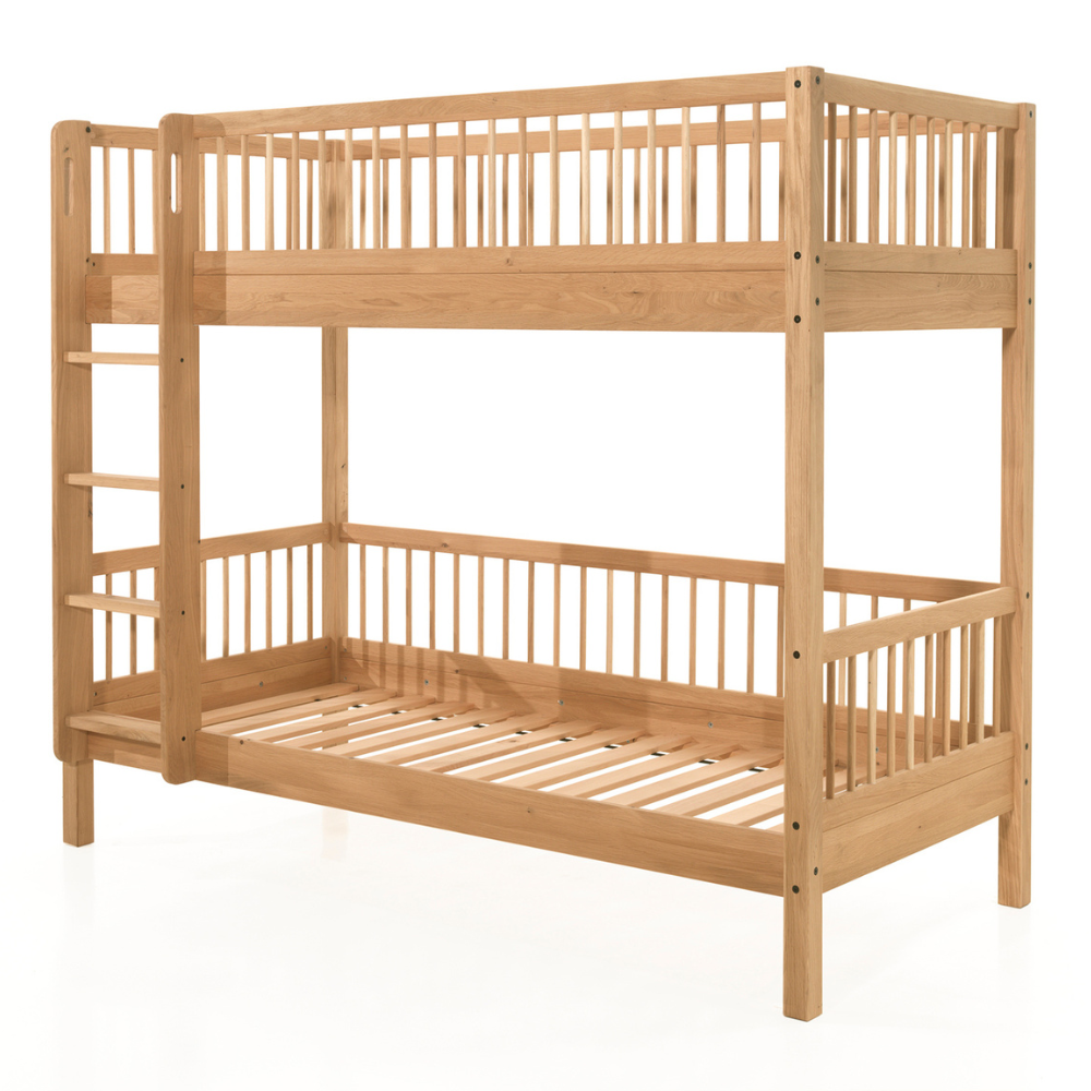 The Forrest Kids Bunk Bed in Oak features a reversible ladder that converts into 2 single beds, a rustic style and durable high quality European oak