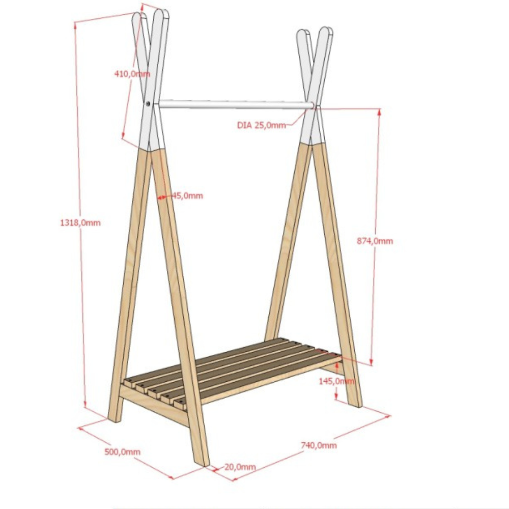 The Forrest Kids Clothing Rack in Oak features a tepee design, minimalist and rustic style and crafted from 100% European oak, perfect for everyday outfits
