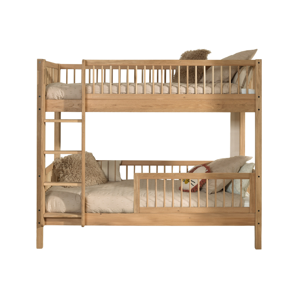 The Forrest Oak Kids Bunk Bed with Safety Rail offers strong oak material, a safety rail for added protection and a natural lacquered finish