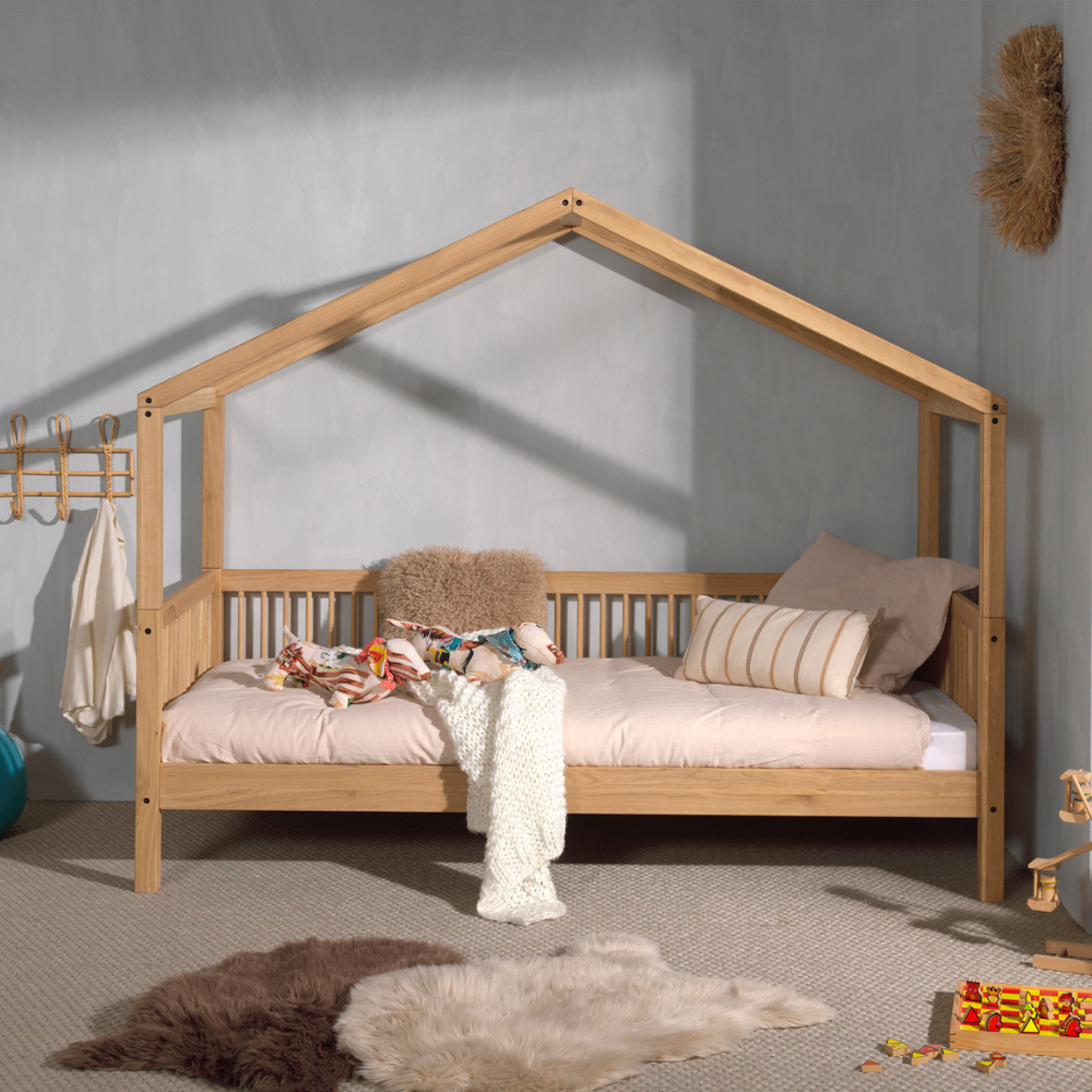 The Forrest Oak Kids House Bed in Drawer features a removable roof, 3 side guardrail and an underbed drawer for storage, ideal for kids aged 4+