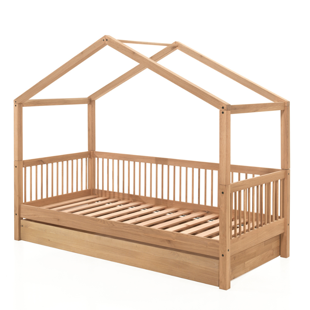 The Forrest Oak Kids House Bed Set features a drawer, safety rail & textile set, 4 side guardrail & an underbed drawer for storage, ideal for kids aged 4+