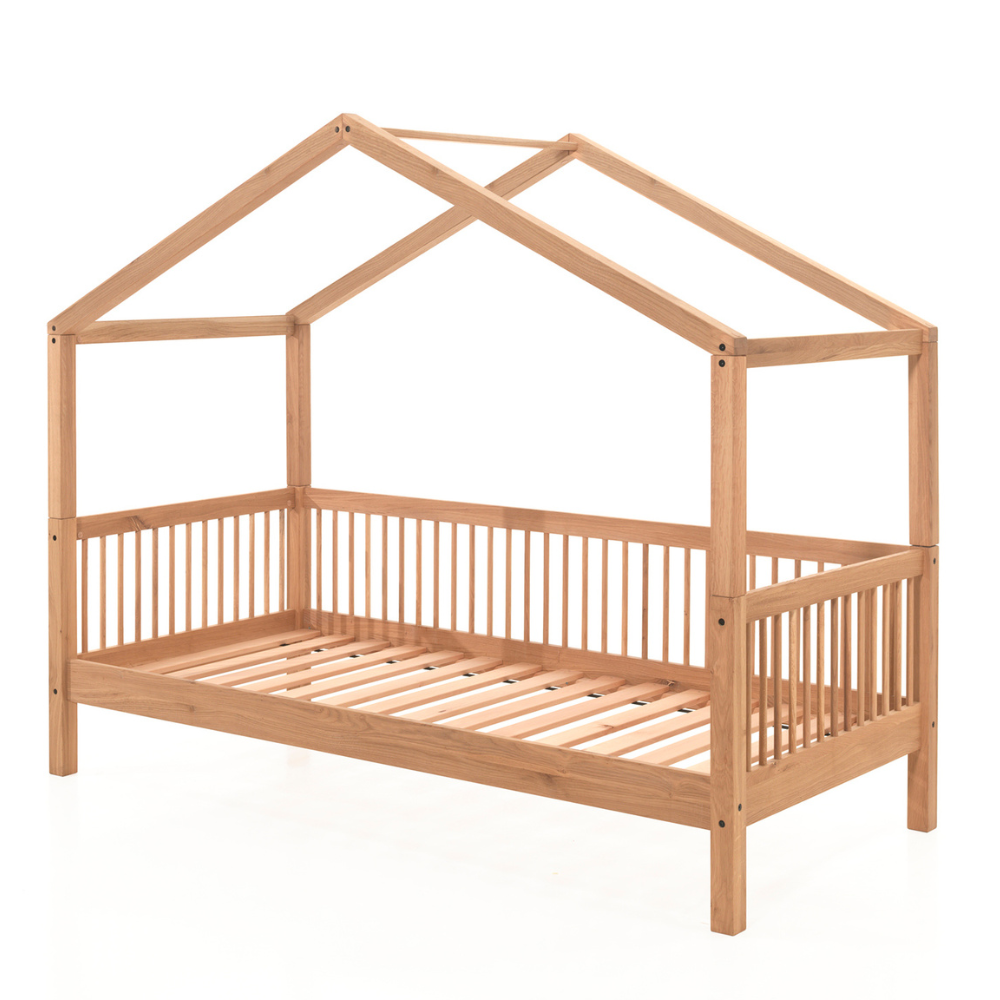 The Forrest Oak Kids House Bed Set with a Textile features a, textile draped over the roof, 3 side guardrail & a sturdy oak frame, ideal for kids aged 4+