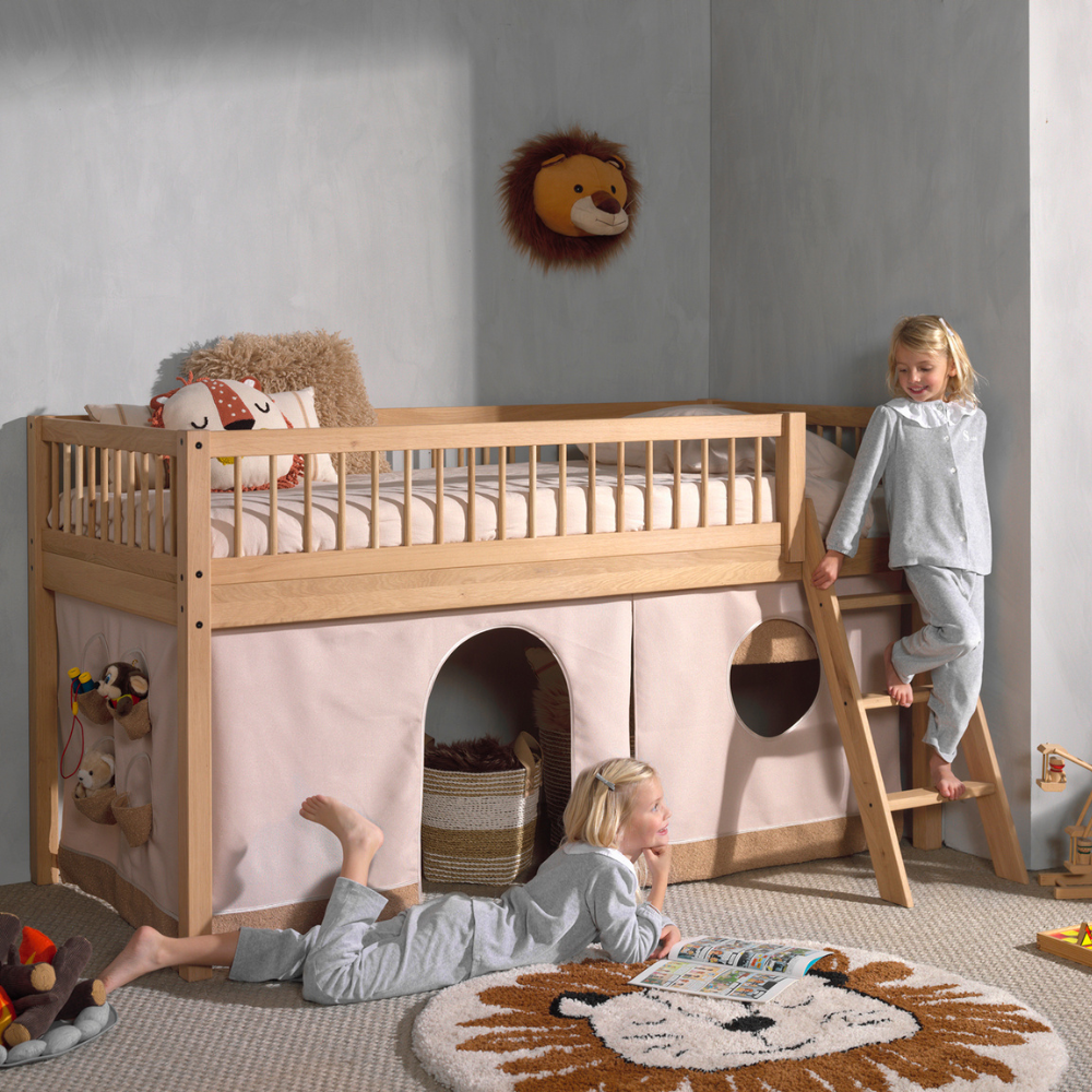 The Forrest Oak Kids Mid Sleeper with Textile features a cozy under bed space, flexible ladder placement & warm design, perfect for play, rest & storage