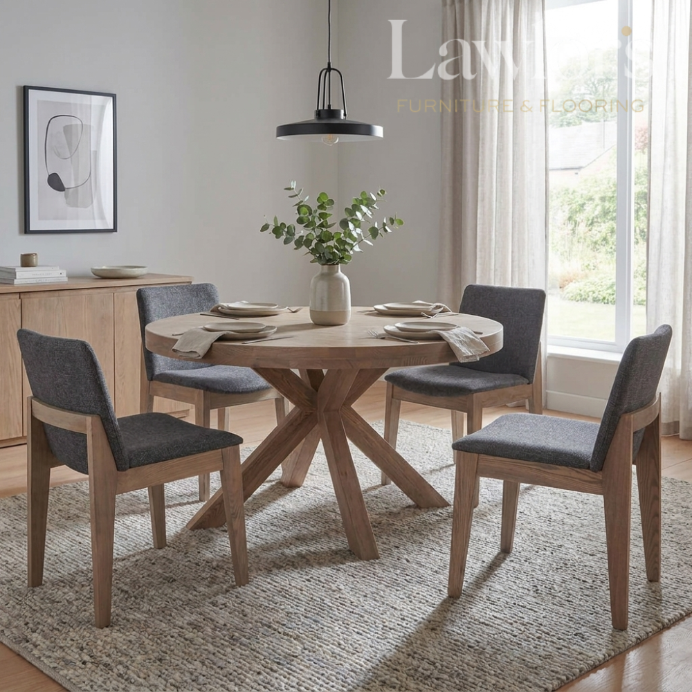 Dining room with oak round table and dark grey colour chair set