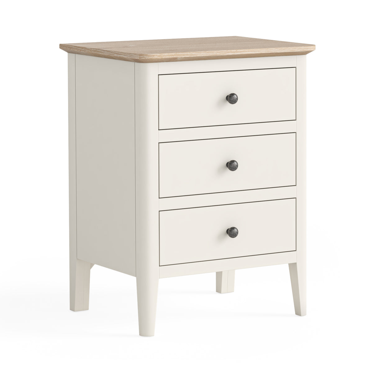 Timeless Marlow Bedside Locker in Coconut Milk with oak tops, customizable handles, and classic design.