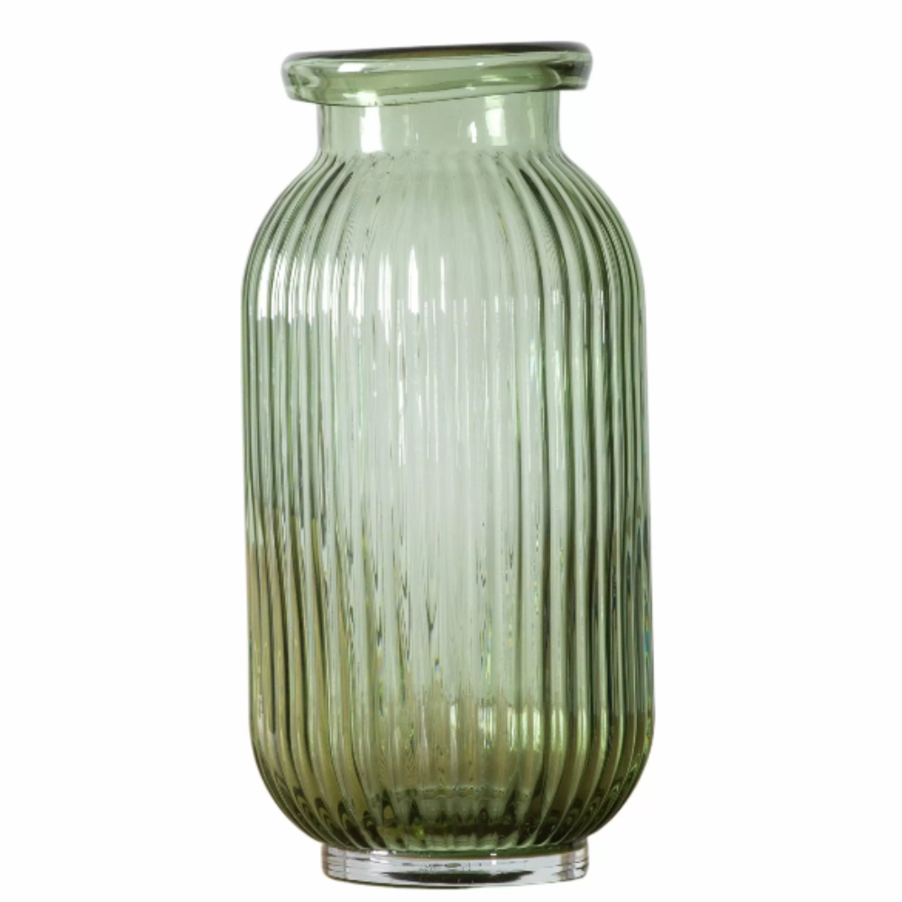 The Gallery Francia Large Vase in Green offers a ribbed texture and stylish shape, adding elegance and beauty to any room.