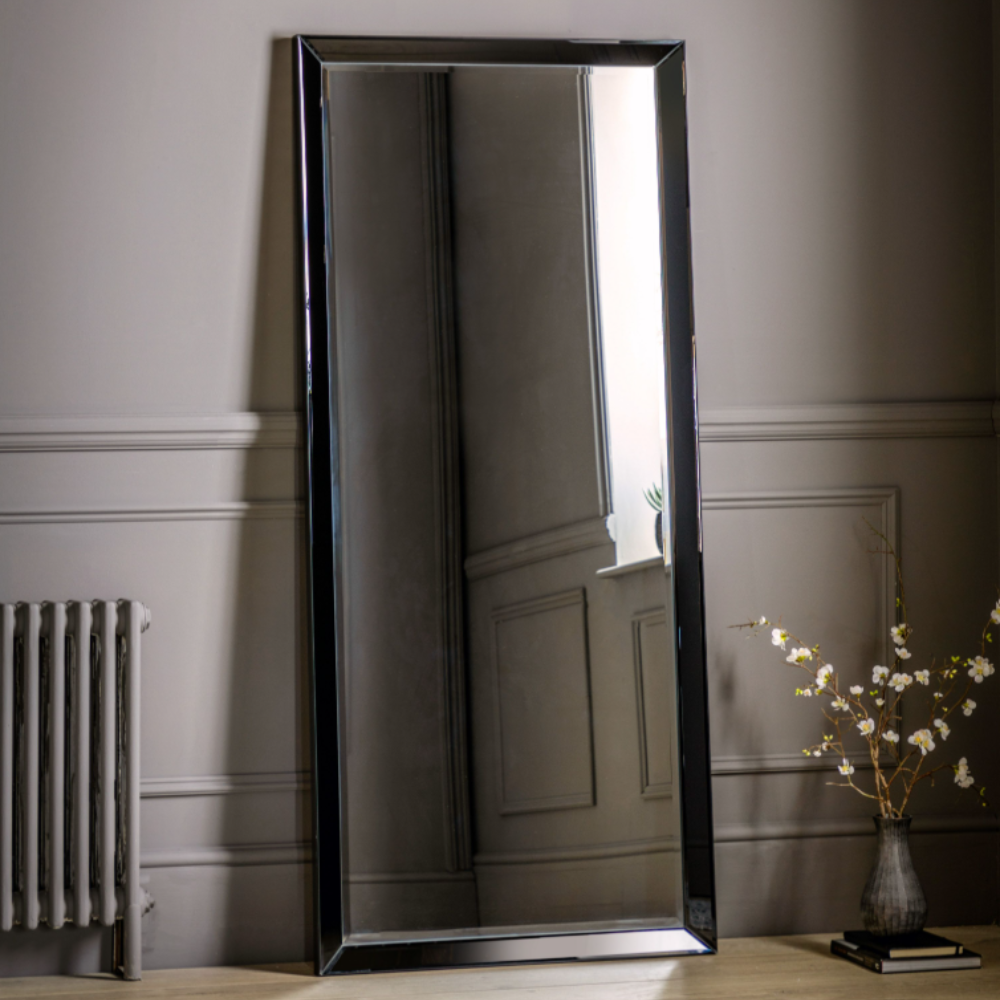 The Gallery Luna Large Mirror in Black features bevelled glass, angled frame, large versatile hanging or leaning options