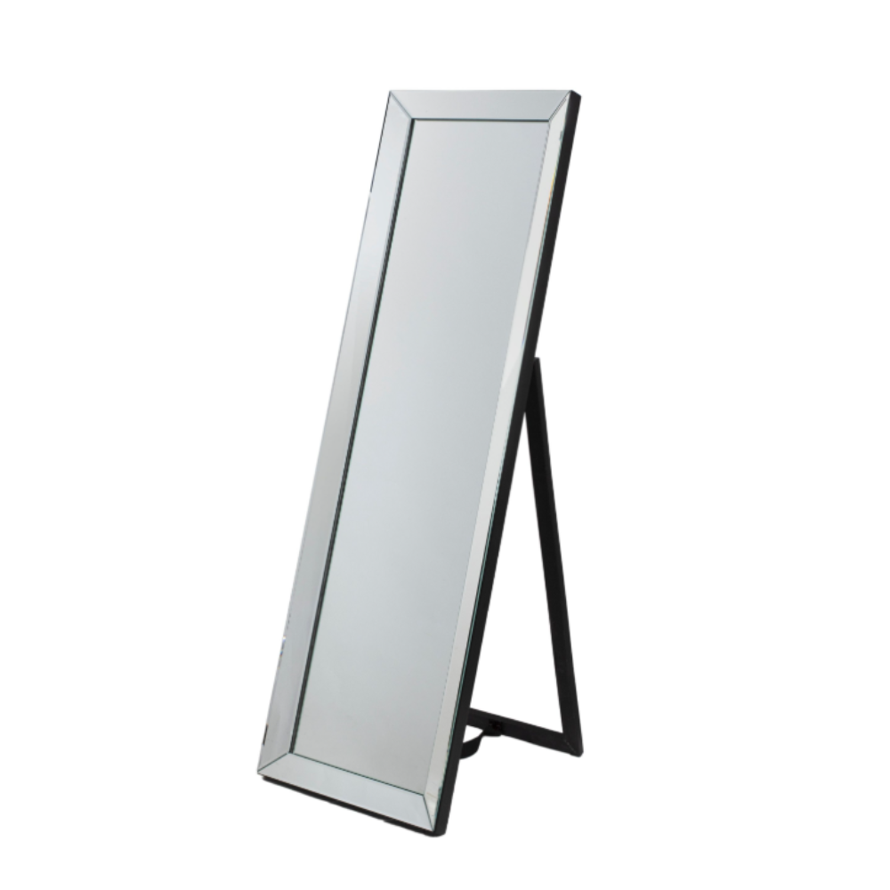 The Gallery Luna Cheval Mirror in Silver features full-length bevelled mirror, silver frame, kickstand for freestanding use.