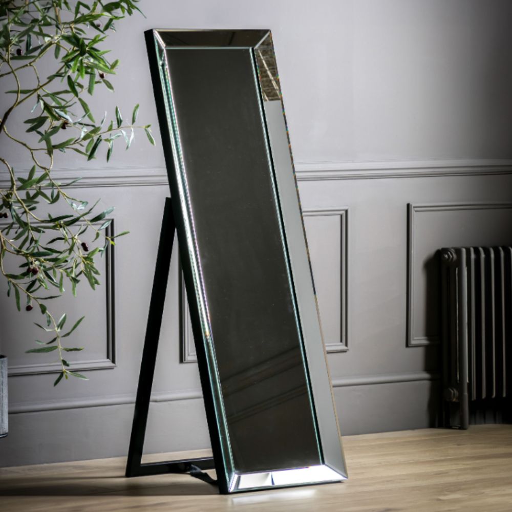 The Gallery Luna Cheval Mirror in Silver features full-length bevelled mirror, silver frame, kickstand for freestanding use.