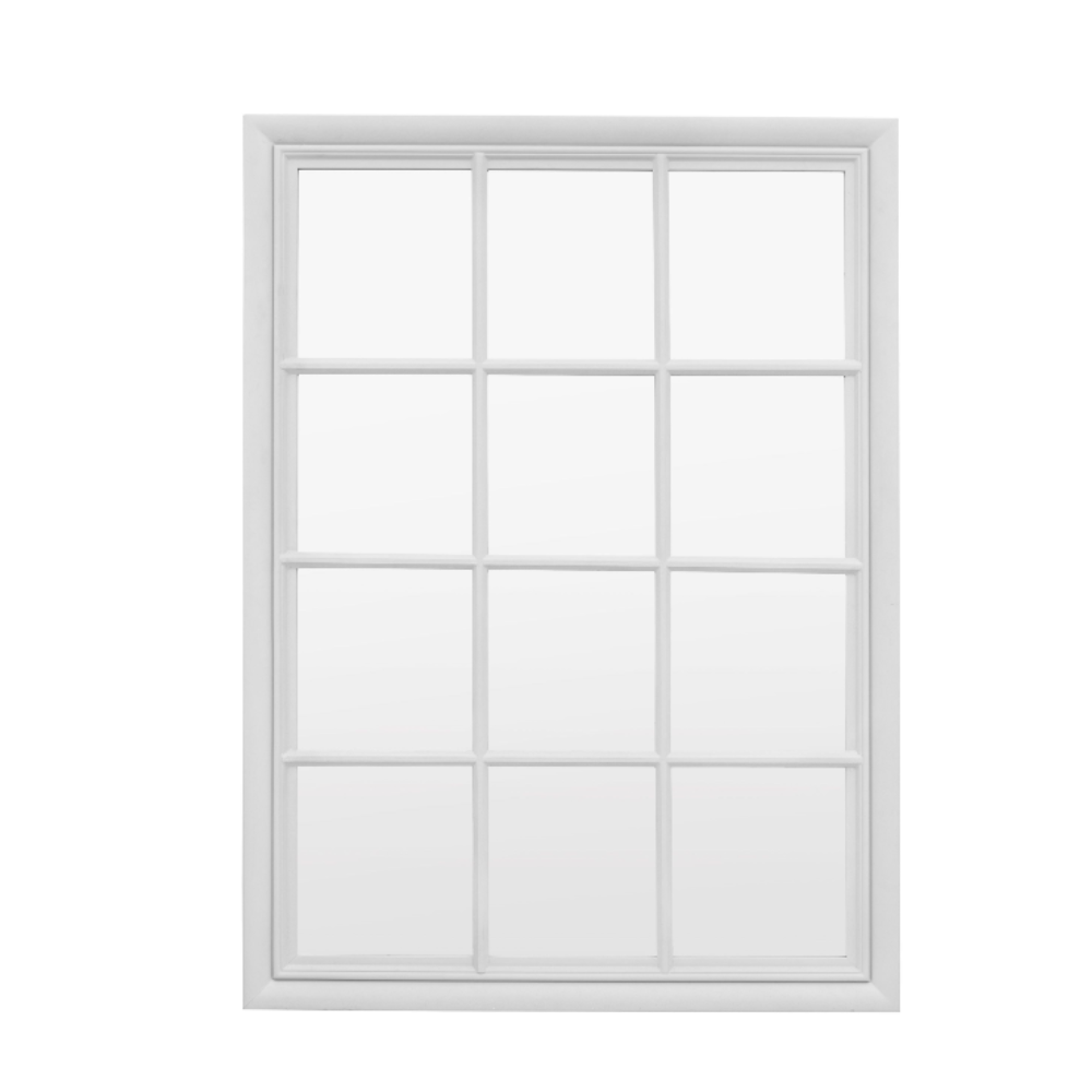 The Gallery Sherwood Window Mirror in Stone features a windowpane design, stone finish and durable build