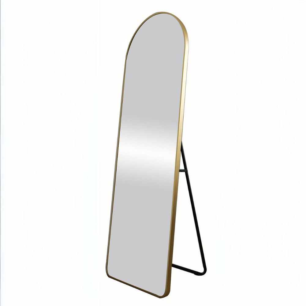 With its sleek gold aluminium frame & stylish round top, the Gemma Dressing Mirror (164x55cm) is ideal for dressing, enhancing décor, and reflecting light.