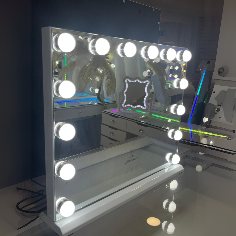 The Glamour 15 Bulb Hollywood Mirror offers dimmable LED lighting, USB & Charging port, 10x detachable mirror & smart touch!