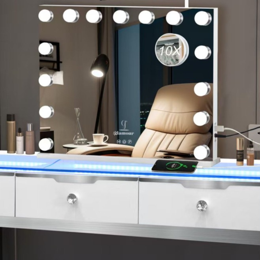The Glamour 15 Bulb Hollywood Mirror offers dimmable LED lighting, USB & Charging port, 10x detachable mirror & smart touch!