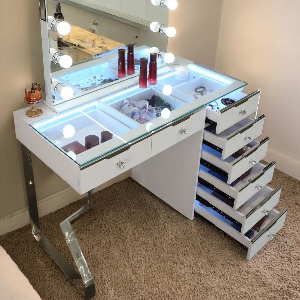 The Glamour Queen 8 Drawer Vanity Table offers crystal handles, LED light strip, 7 colours, 3 white light modes, wireless charging, USB & Type-C ports