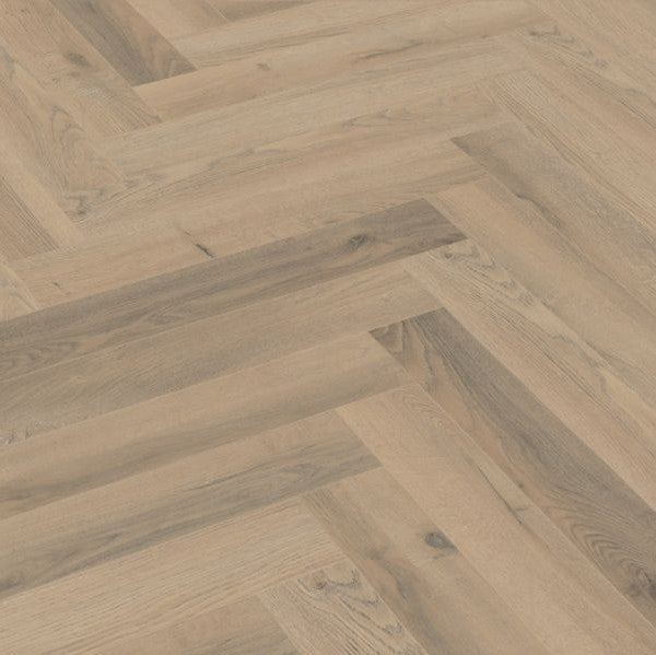 Greige Oak Herringbone Laminate Flooring 12mm: AC4-rated, durable, click-lock installation, suitable for commercial and residential spaces. Timeless herringbone design.
