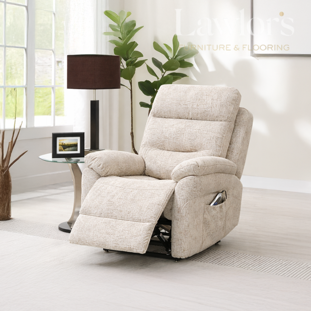 Beige life & rise recliner chair in a living room setting with a lamp and plant.