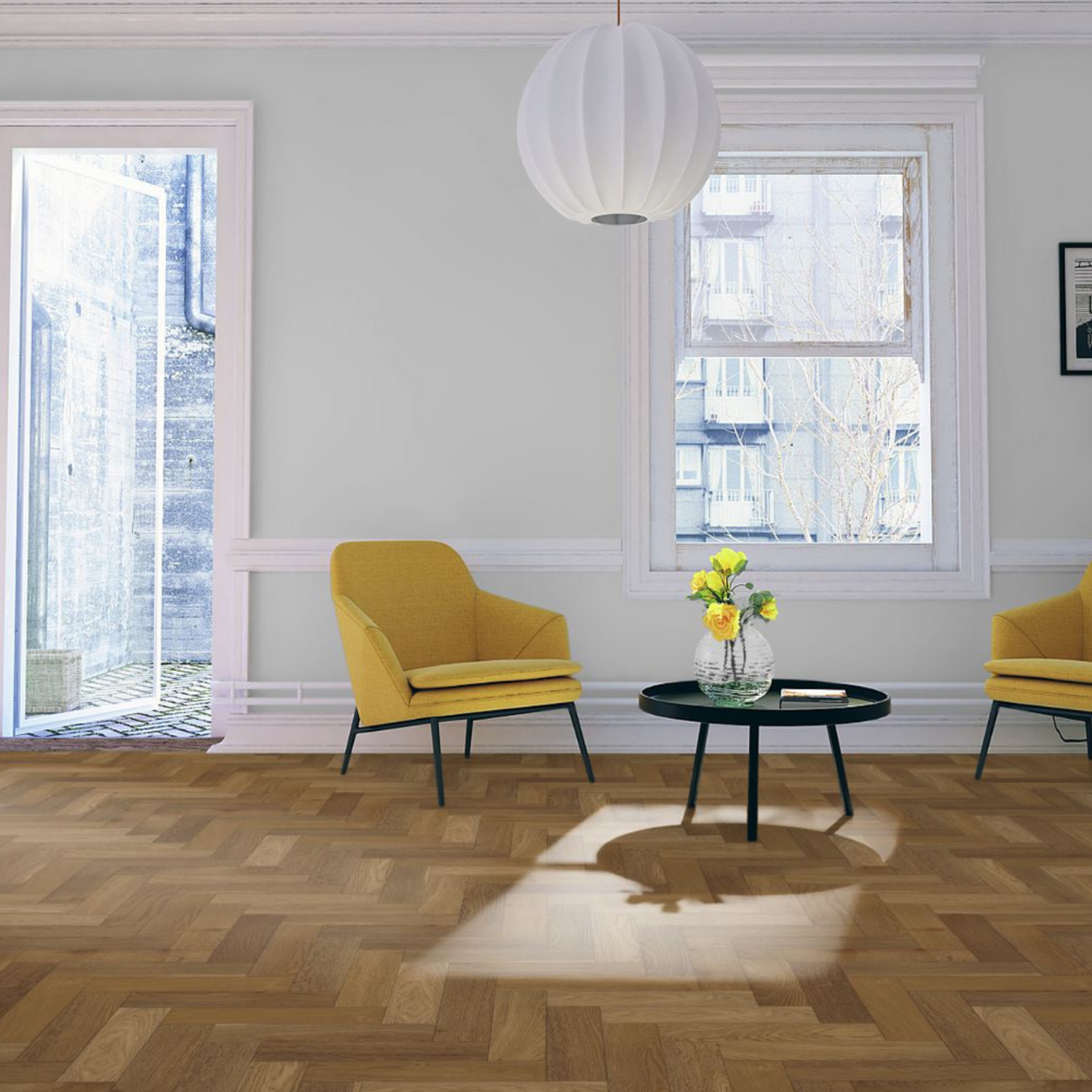 The Harvest Oak Herringbone Engineered Flooring - 15mm features rich grain, durable multi layer construction and easy installation